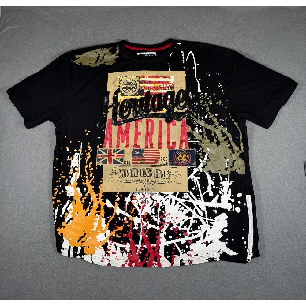 Heritage America Shirt 4XL Black Paint Splatter Graphic Side Zip Urban Men Tee